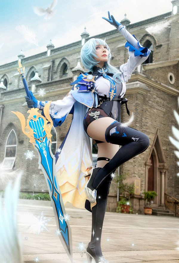 Genshin Impact Eula Lawrence Printed Pattern Seal Gem Decorated Uniform Set Cosplay Costume Outfit with Hair Accessories Gloves Tie Stockings Accessories