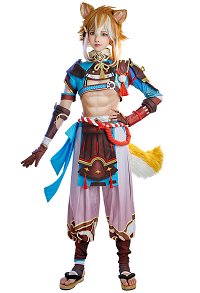 Genshin Impact Gorou Short Top and Pants Set Cosplay Costume with Apron and Headdress
