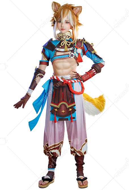 Genshin Impact Gorou Corta Camisa and Pantalones con Delantal y Tocado