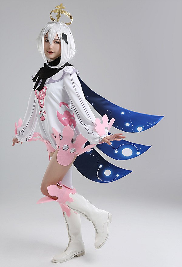 Genshin Impact Paimon Bodysuit and Shawl Cosplay Costume with Crown and Gloves