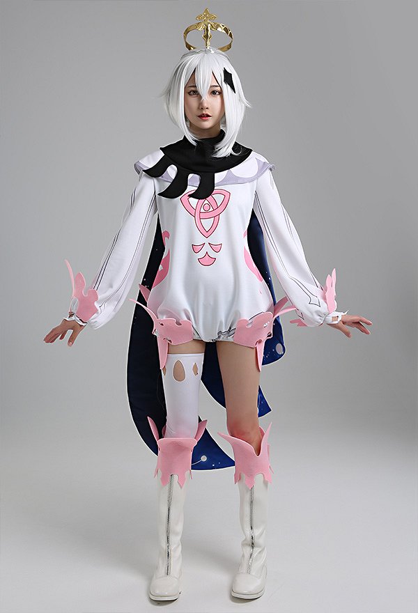 Genshin Impact Paimon Bodysuit and Shawl Cosplay Costume with Crown and Gloves