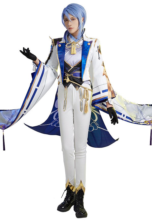 Conjunto de Abrigo Largo y Pantalón de Traje de Cosplay de Kamisato Ayato de Genshin Impact con Chaleco y Guantes