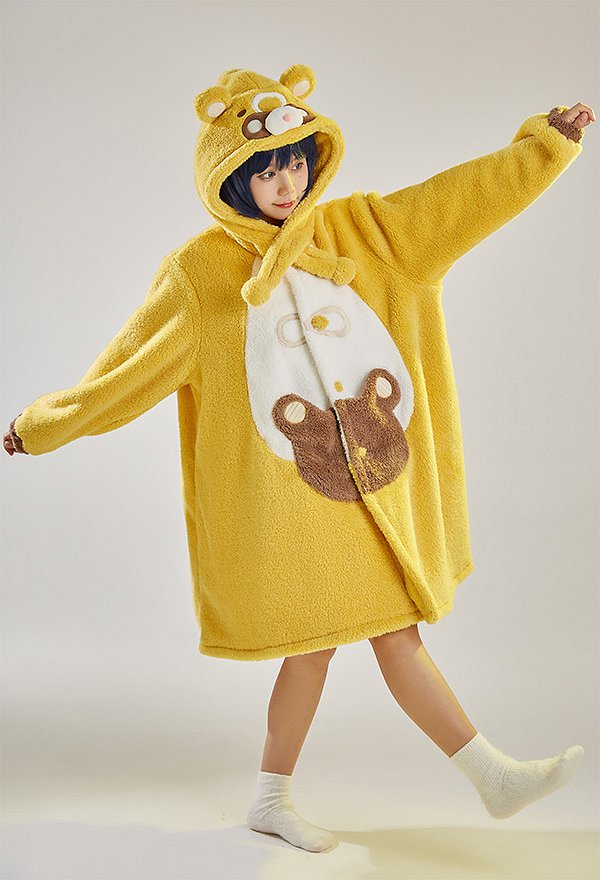 Guoba Derivative Fleece Hooded Robes Loungewear Kawaii Bear Cozy Winter Dress