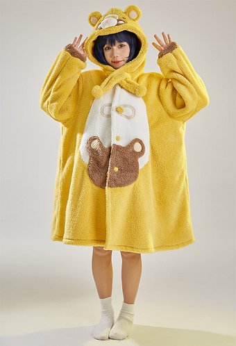 Guoba Derivative Fleece Hooded Robes Loungewear Kawaii Bear Cozy Winter Dress