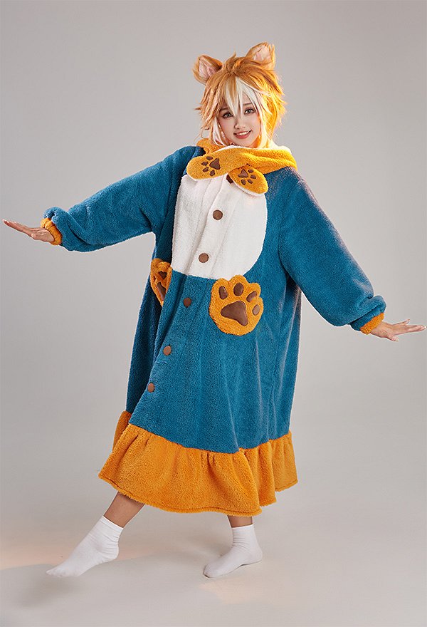 Gorou Derivative Fleece Hooded Robes Loungewear Kawaii Dog Cozy Winter Dress