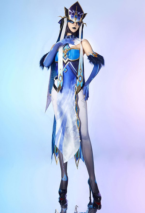 Genshin Impact Fatui Mirror Maiden Cosplay Costume Dress and Stockings with Gloves and Hats