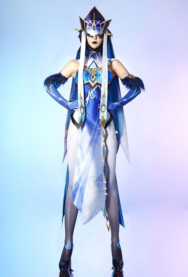 Genshin Impact Fatui Mirror Maiden Cosplay Costume Dress and Stockings with Gloves and Hats