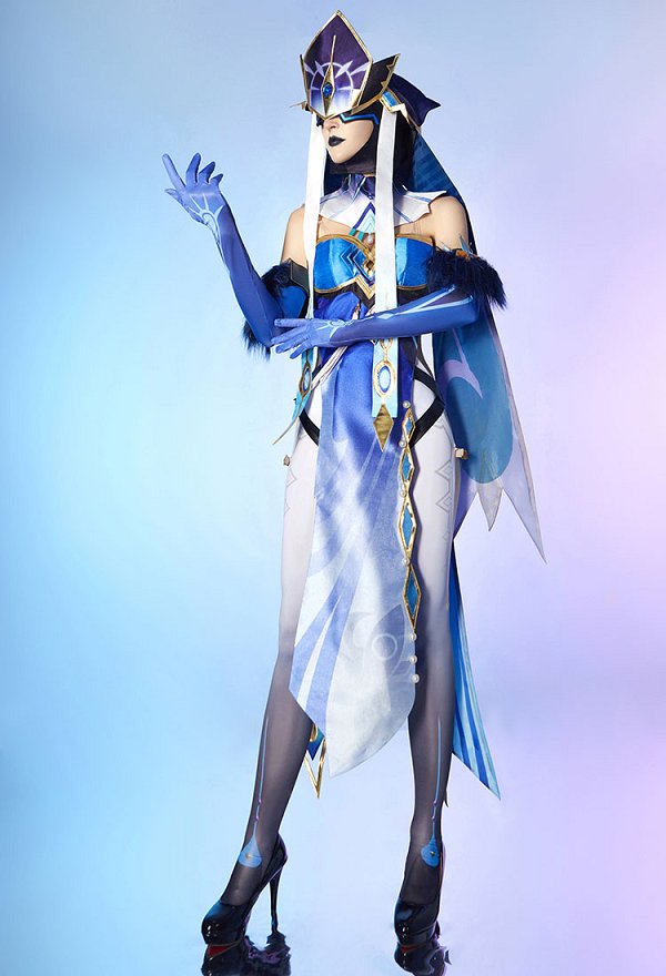 Genshin Impact Fatui Mirror Maiden Cosplay Costume Dress and Stockings with Gloves and Hats