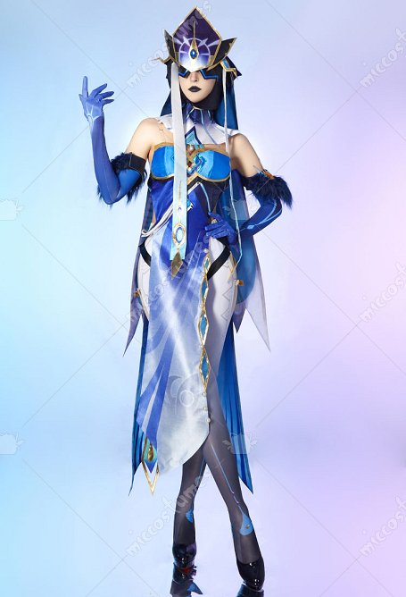 Genshin Impact Costume de Cosplay Mirror Maiden Robe Sexy Bleue avec Chapeau pour Femme