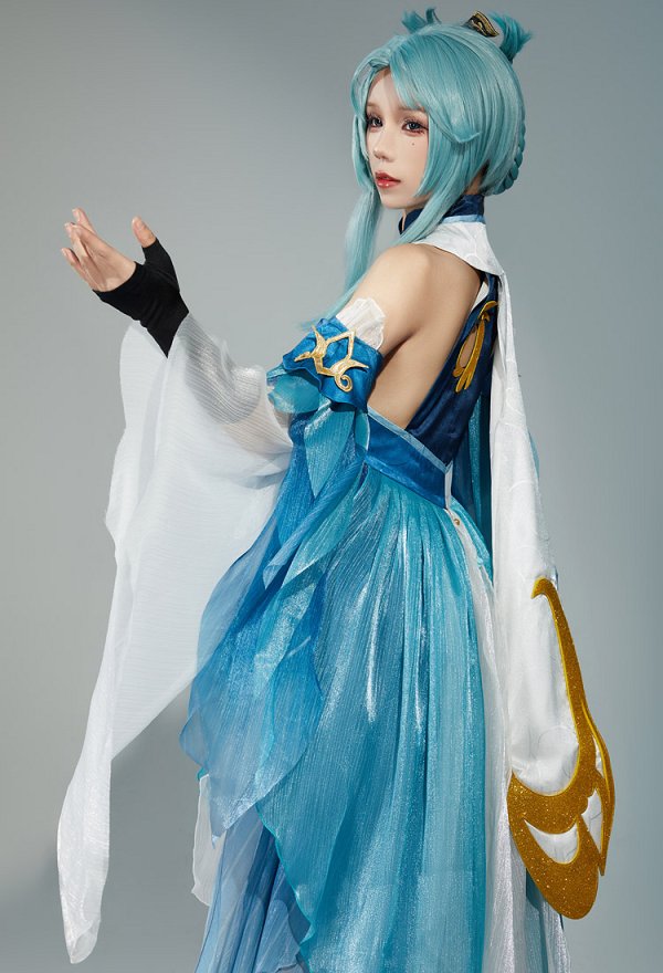 Genshin Impact Madame Ping Cosplay Costume Halter Dress and Gloves with Headdress