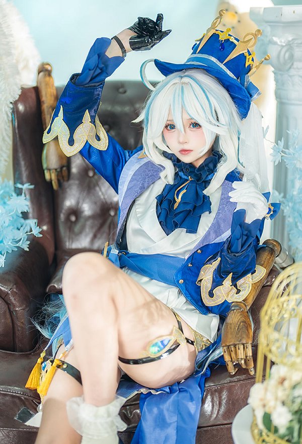 Genshin Impact Furina Disfraz de Cosplay Camisa Shorts con Chaqueta y Gorro