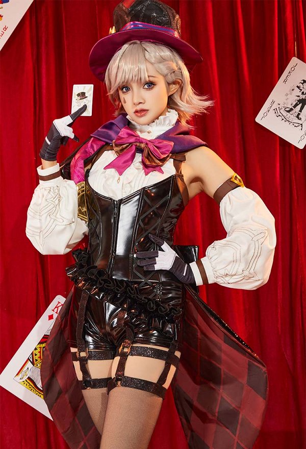 Genshin Impacto Lyney Cosplay Disfraz Mono y Chal con Sombrero y Guantes