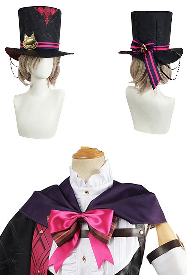 Genshin Impact Lyney Cosplay Costume Bodysuit and Hat with Shawl and Gloves