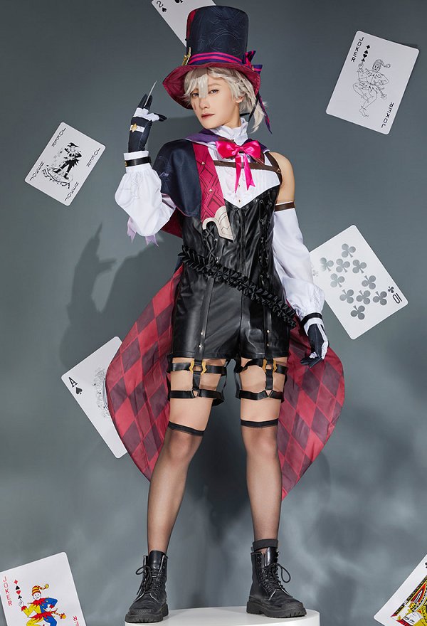 Genshin Impact Lyney Cosplay Costume Bodysuit and Hat with Shawl and Gloves
