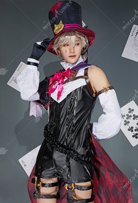 Genshin Impact Lyney Cosplay Costume Bodysuit et Chapeau avec Châle et Gants