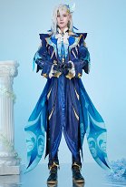 Genshin Impact Neuvillette Cosplay Costume Robe Longue et Pantalon avec Châle Long et Gants