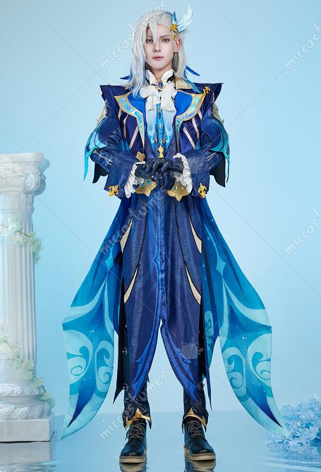 Genshin Impact Neuvillette Cosplay Costume Robe Longue et Pantalon avec Châle Long et Gants