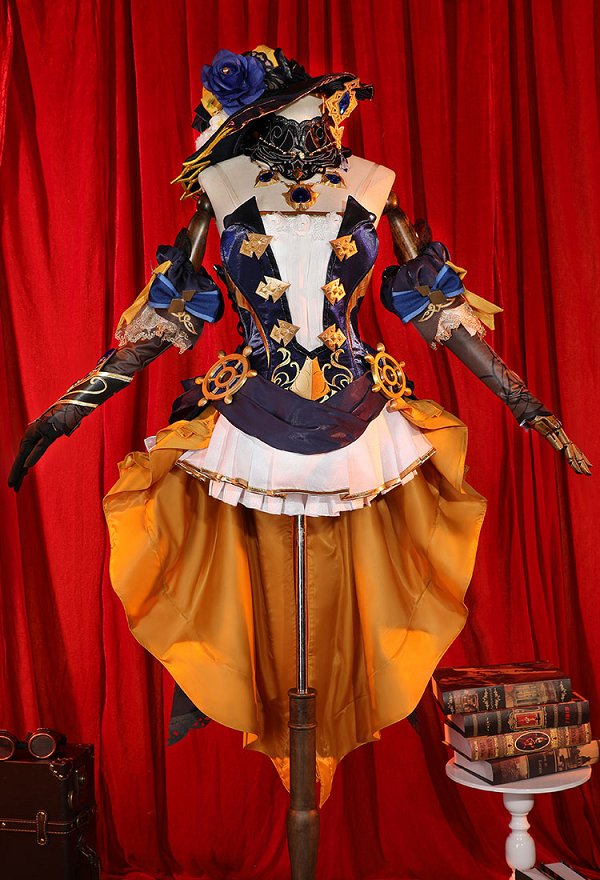Genshin Impact Navia Cosplay Costume Dress and Shorts with Hat and Thigh Socks
