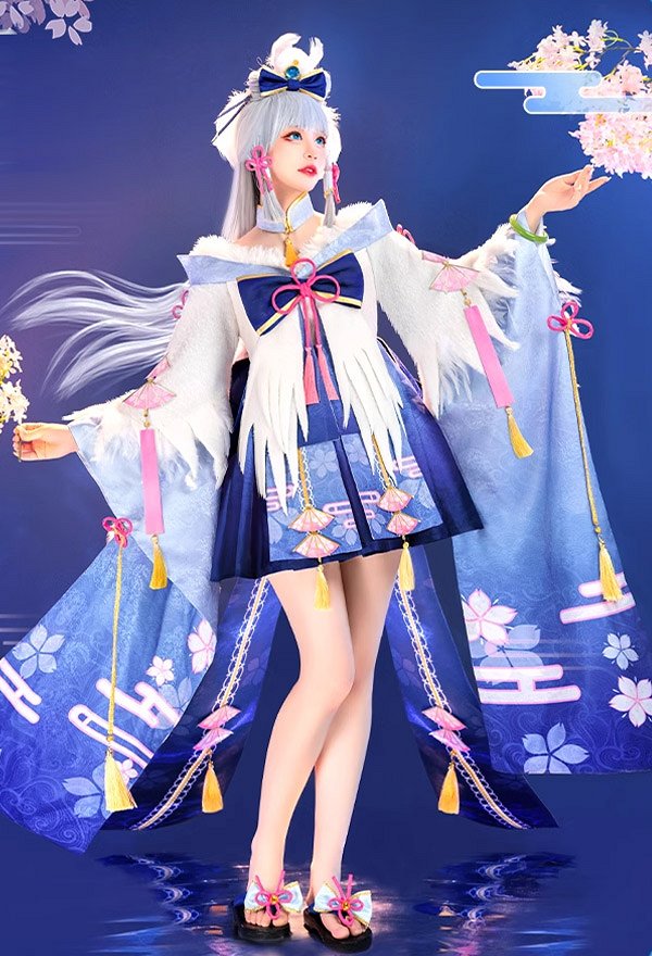 Genshin Impact Kamisato Ayaka Derivative Casual Dress Set Fanart Dress with Bowknot Headband Collar