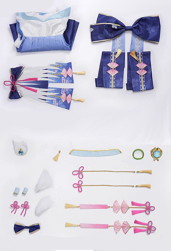 Genshin Impact Kamisato Ayaka Derivative Casual Dress Set Fanart Dress with Bowknot Headband Collar