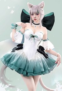 Genshin Impact Lynette Derivative Dress Set Gradient White Green Bowknot Dress with Head Accessory and Bracelet
