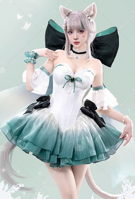 Genshin Impact Lynette Dérivée Robe à Nœud Papillon Blanche Verte avec Accessoire de Tête et Bracelet