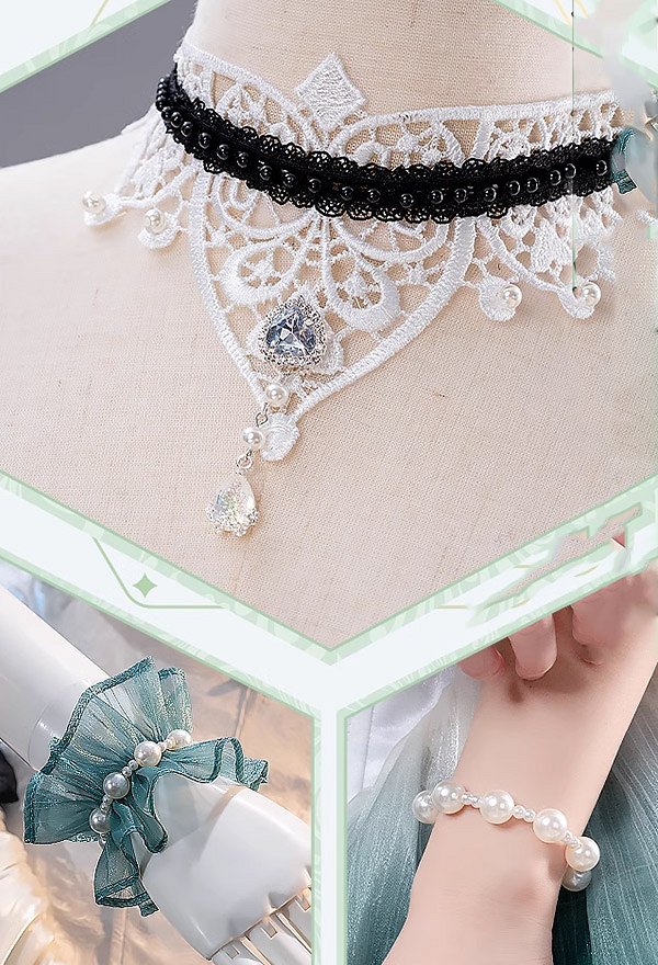 Genshin Impact Lynette Derivative Dress Set Gradient White Green Bowknot Dress with Head Accessory and Bracelet