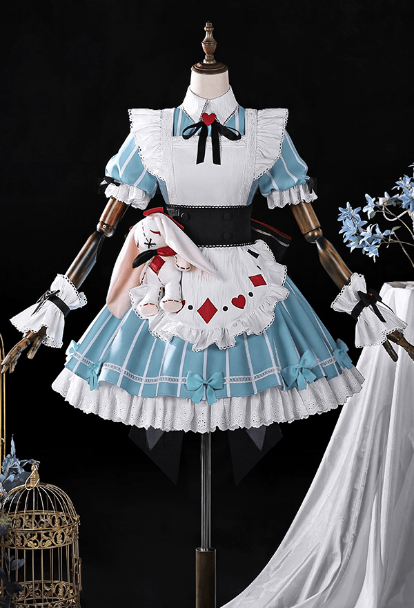 Genshin Impact Miliastra Wonderland Alice Maid Outfit Cosplay Costume Dress with Apron and Waist Belt