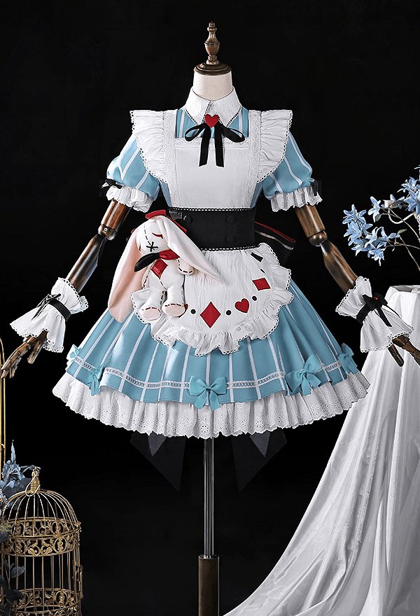 Genshin Impact Miliastra Wonderland Alice Maid Outfit Cosplay Costume Dress with Apron and Waist Belt