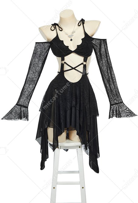 Gótico Vestido Recortado Telaraña Vestido Irregular Sin Tirantes con Collar