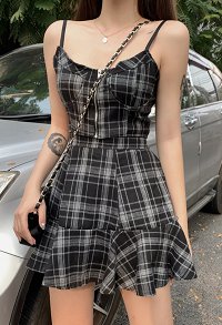 Gothic Punk Women Girls Retro Spaghetti Strap Sleeveless Fitted Vest Crop Top A Line High Waist Skirt Plaid Two Piece Set