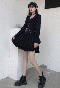 Gothic Punk Dark Style Women Girls Retro Big Collar V Neck Long Sleeve Party Dress Ruffled A Line Casual Short Dress