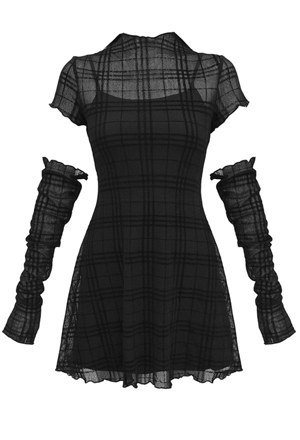 Gótico Punk Estilo Oscuro Mujeres Niñas Vestido de Fiesta Corto de Cuello Alto Vestido de Manga Corta Retro Cuadrado Negro con Cubiertas de Brazos Largos