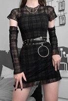 Gothic Punk Dark Style Women Girls High Collar Short Party Dress Retro Plaid Black Short Sleeve Dress with Long Arm Covers Gothic Punk Dark Style Women Girls High Collar Short Party Dress Retro Plaid Black Short Sleeve Dress with Long Arm Covers