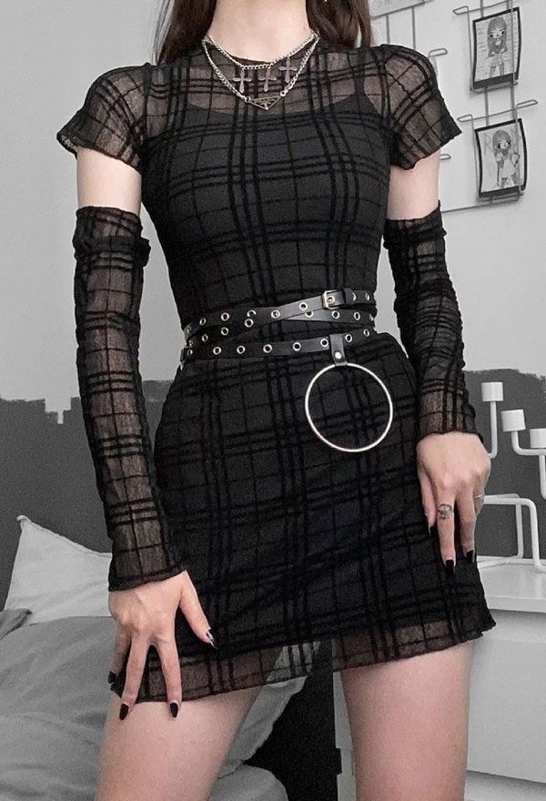 Gótico Punk Estilo Oscuro Mujeres Niñas Vestido de Fiesta Corto de Cuello Alto Vestido de Manga Corta Retro Cuadrado Negro con Cubiertas de Brazos Largos