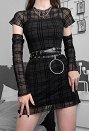 Gótico Punk Estilo Oscuro Mujeres Niñas Vestido de Fiesta Corto de Cuello Alto Vestido de Manga Corta Retro Cuadrado Negro con Cubiertas de Brazos Largos
