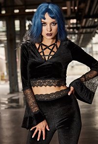 Gothic Punk Dark Style Elegant Retro Ruffled Mini T Shirt Women Long Bell Sleeve Lace Sheer Crop Top Blouse V Neck Girls Short Top