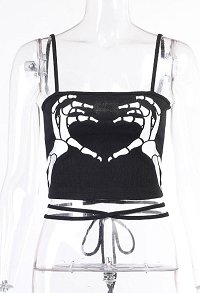 Woman Gothic Cool Dark Style Bone Hands Pattern Tie-Front Backless Lingerie Vest Top Costume Outfit