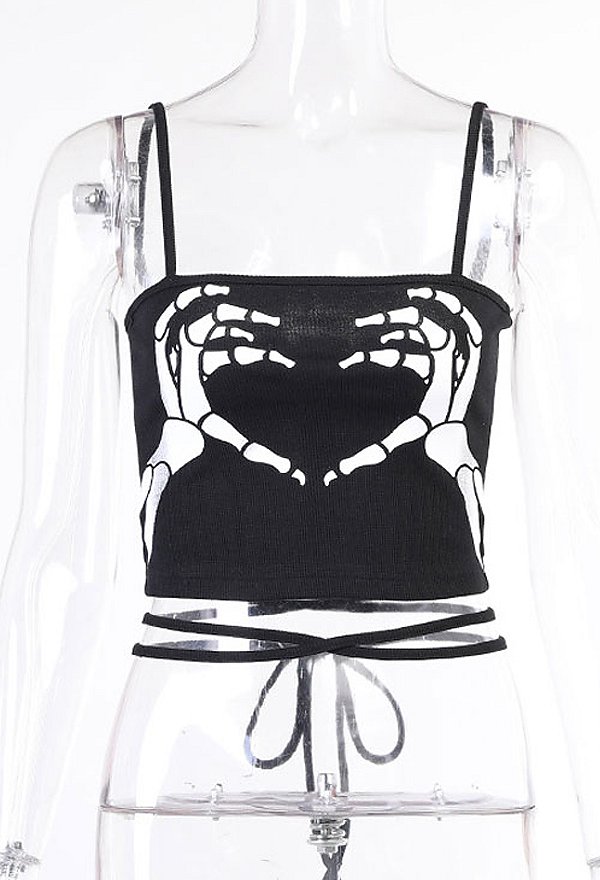 Gilet Gothique Punk Sexuel Moulant Dos-nu Noir Col Carré avec Impressions des Os des Mains