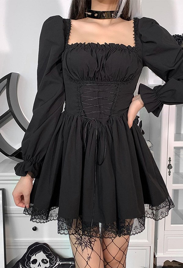 Robe Noire Style Gothique Rétro en Dentelle avec Manche Courte Bouffante