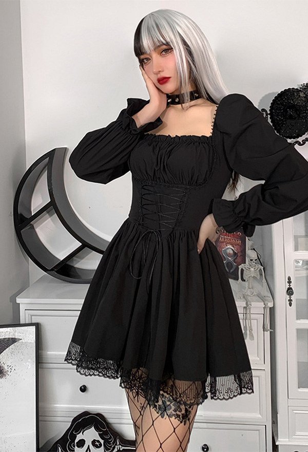Robe Noire Style Gothique Rétro en Dentelle avec Manche Courte Bouffante