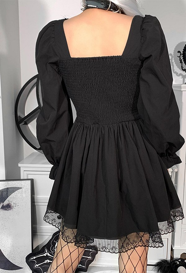 Robe Noire Style Gothique Rétro en Dentelle avec Manche Courte Bouffante