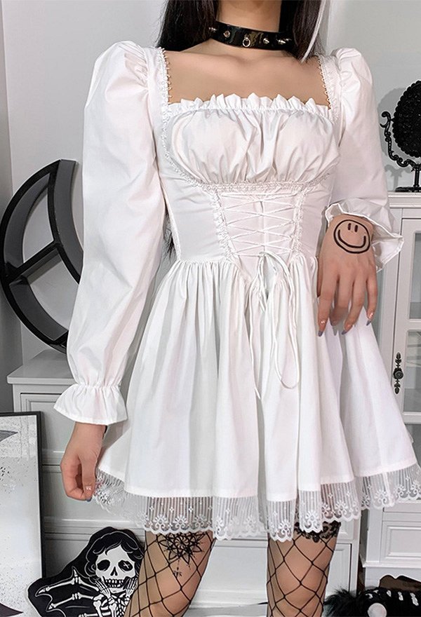 Robe Noire Style Gothique Rétro en Dentelle avec Manche Courte Bouffante