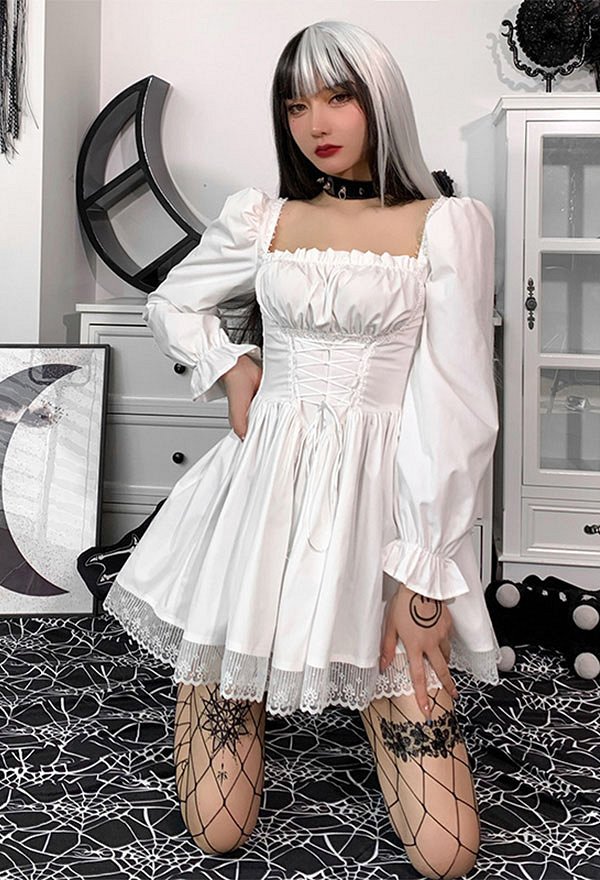 Robe Noire Style Gothique Rétro en Dentelle avec Manche Courte Bouffante