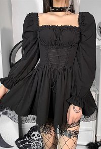 Women Gothic Dress Lace Ruffled Off-the-shoulder Puff Sleeves Dress