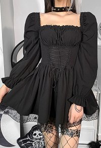 Women Gothic Elegant Puff Long Sleeve Dress Square Neck A-line Bandage Mini Dress
