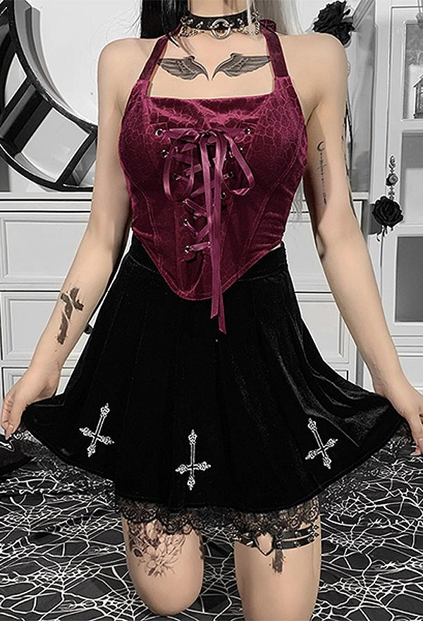 Gothic Mode Vampir Top Heiß Stil Weinrot Samt Spitze Unregelmäßiger Saum Halter Ärmelloses Top