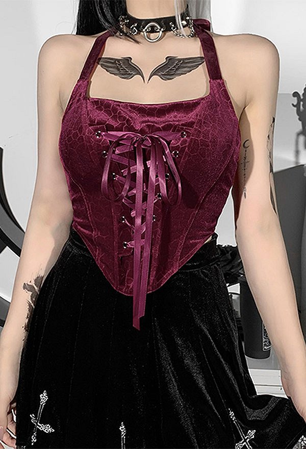 Gothic Mode Vampir Top Heiß Stil Weinrot Samt Spitze Unregelmäßiger Saum Halter Ärmelloses Top