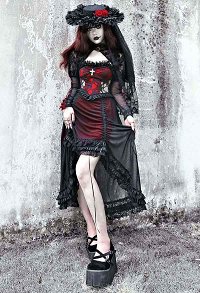 Gothic Drink Your Blood Vampire Princess Lolita Dress Victorian Style Black Red Floral Pattern Drawstring High-Low Vintage Cami Dress with Sleeves
