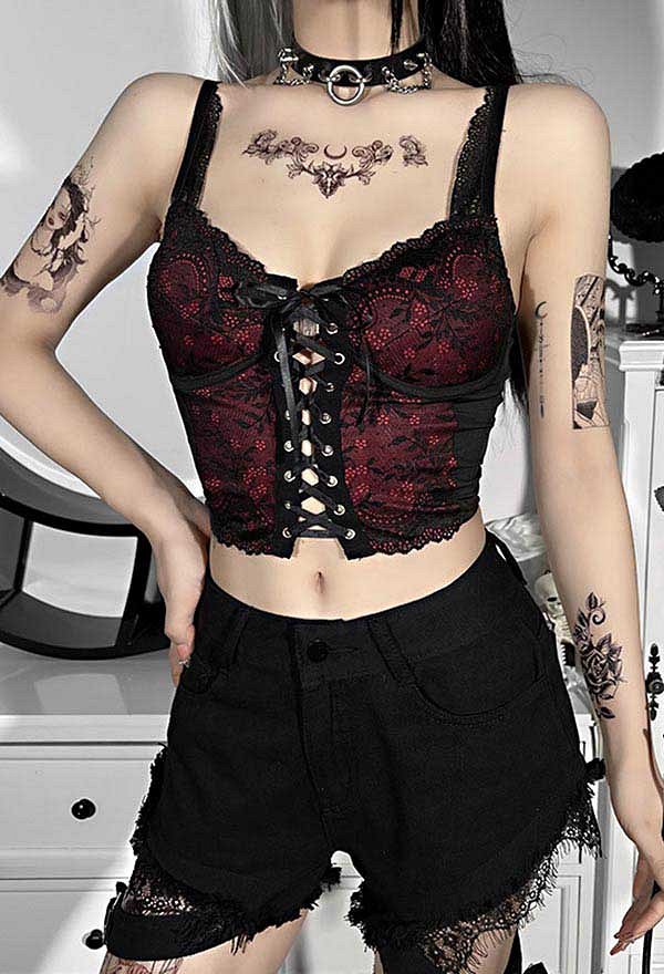 Gothic Stil Sling Top Korsett Top Crisscross V Ausschnitt Bauchfreies Oberteil